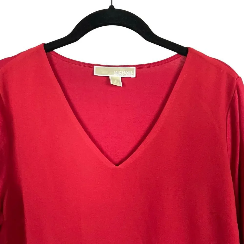 Michael Michael Kors V-neck‎ Tunic Top Red Mixed Media 3/4 Sleeve Size S
